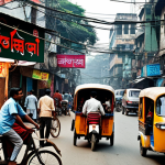 **

"A bustling Dhaka street scene. Rickshaws weaving through traffic, vibrant colors, street food vendors, and pedestrians. A blend of traditional and modern life. Capture the chaotic yet energetic atmosphere of the city. Bengali script signage in the background. Slightly desaturated colors, gritty realism."

**