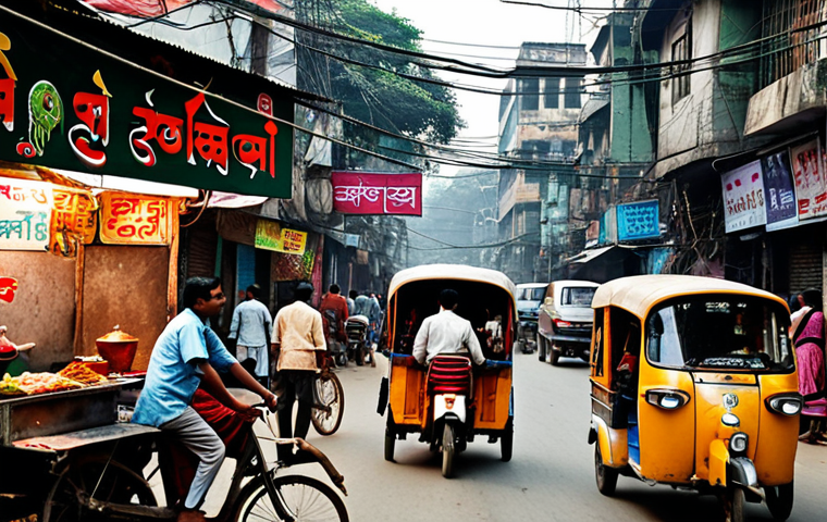 **
"A bustling Dhaka street scene. Rickshaws weaving through traffic, vibrant colors, street food vendors, and pedestrians. A blend of traditional and modern life. Capture the chaotic yet energetic atmosphere of the city. Bengali script signage in the background. Slightly desaturated colors, gritty realism."
**