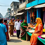 **A vibrant scene in Dhaka, Bangladesh: A bustling marketplace filled with colorful textiles, delicious street food stalls, and friendly locals in traditional dress, all under a clear blue sky. Focus on the rich cultural atmosphere and the energy of the city.**