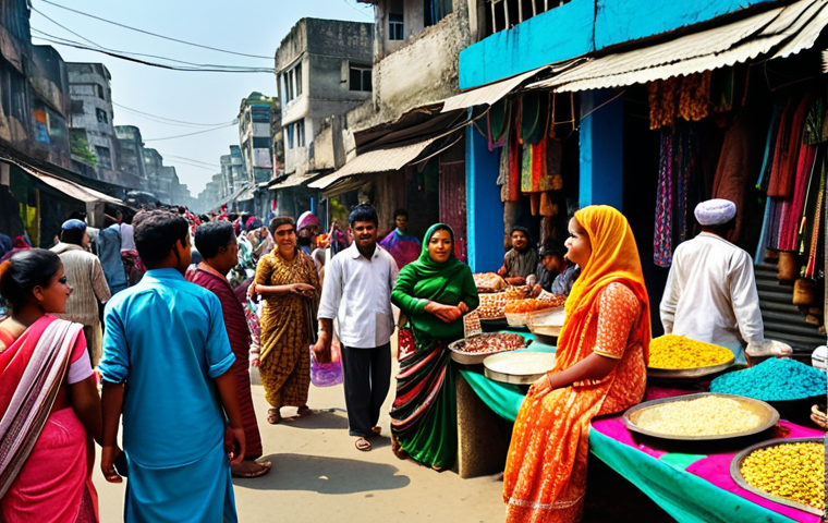 **A vibrant scene in Dhaka, Bangladesh: A bustling marketplace filled with colorful textiles, delicious street food stalls, and friendly locals in traditional dress, all under a clear blue sky. Focus on the rich cultural atmosphere and the energy of the city.**