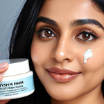 **Ayesha Rahman, actress and lifestyle blogger, sharing skincare tips. Image should capture her positive and genuine personality, featuring a new face cream product prominently.**