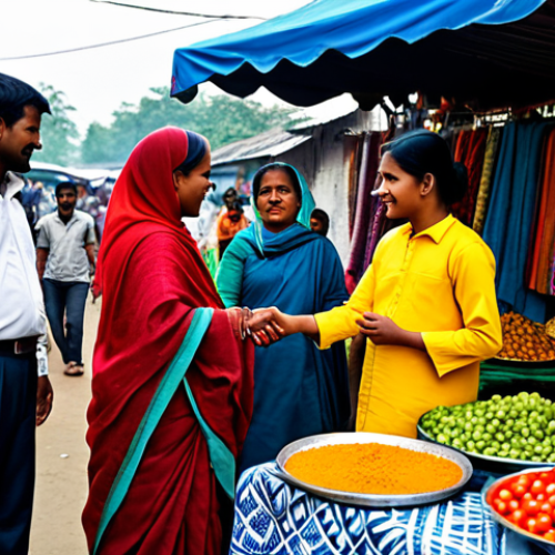 Home 9 A traveler, fully clothed in modest, appropriate attire, engaging in a friendly, respectful conversation with a local vendor at a vibrant, bustling open-air market. The market stalls are adorned with colorful traditional textiles, fresh produce, and handmade crafts, evoking the rich cultural atmosphere of Bangladesh or West Bengal. The lighting is soft and natural, emphasizing genuine human connection. professional photography, high quality, perfect anatomy, correct proportions, natural pose, well-formed hands, proper finger count, natural body proportions, safe for work, appropriate content, fully clothed, family-friendly.