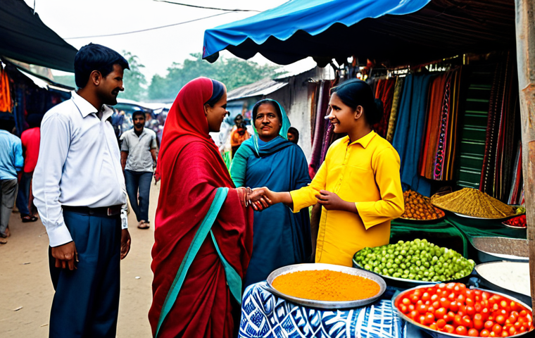 A traveler, fully clothed in modest, appropriate attire, engaging in a friendly, respectful conversation with a local vendor at a vibrant, bustling open-air market. The market stalls are adorned with colorful traditional textiles, fresh produce, and handmade crafts, evoking the rich cultural atmosphere of Bangladesh or West Bengal. The lighting is soft and natural, emphasizing genuine human connection. professional photography, high quality, perfect anatomy, correct proportions, natural pose, well-formed hands, proper finger count, natural body proportions, safe for work, appropriate content, fully clothed, family-friendly.