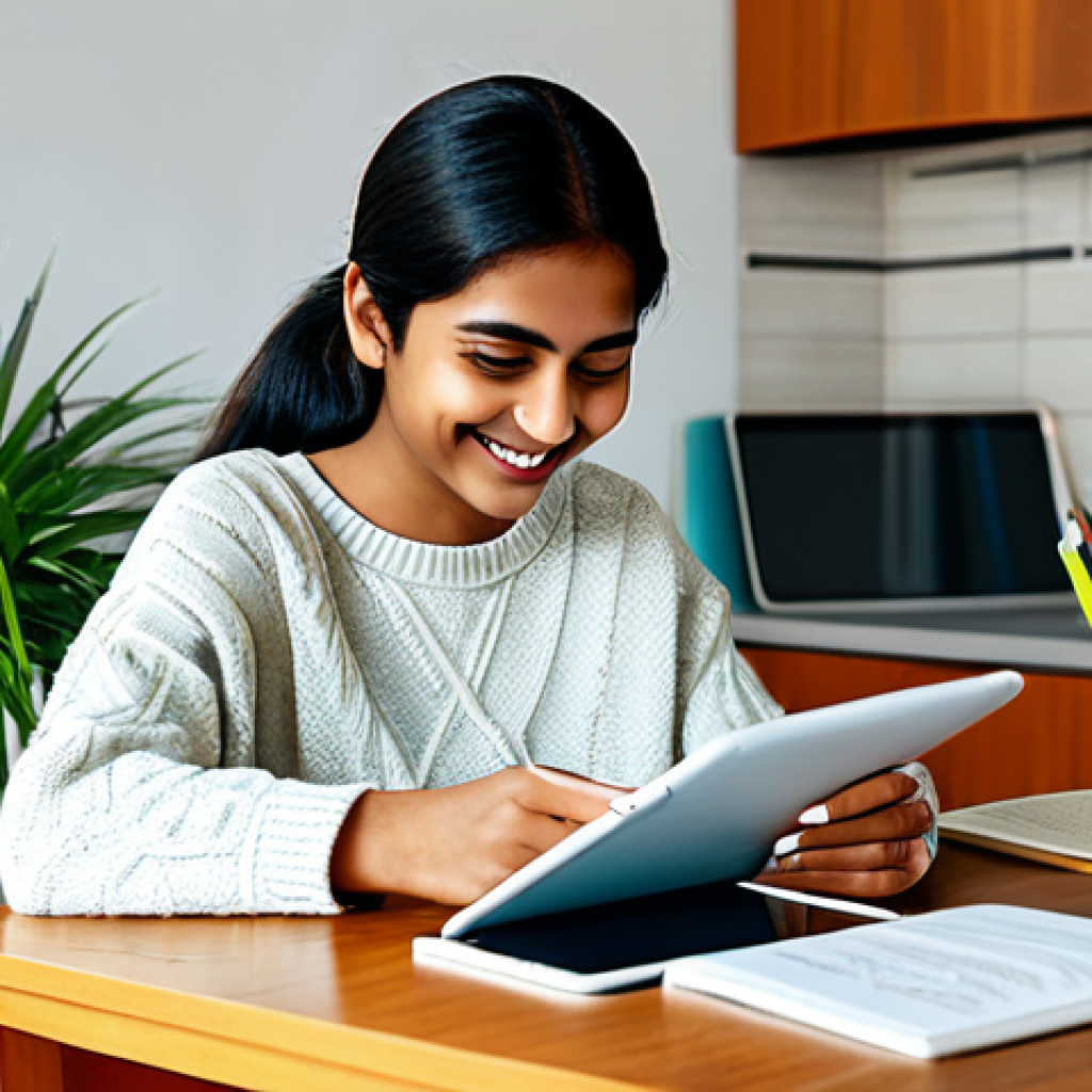 Digital Education** "A young woman wearing a sweater, smiling while using a tablet showing a Bengali language learning app. She is sitting at a desk in a brightly lit, modern apartment. Books and plants are visible in the background. fully clothed, appropriate content, safe for work, perfect anatomy, natural pose, family-friendly, professional digital art, high resolution." **
