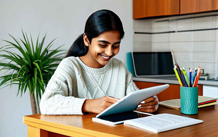Digital Education** "A young woman wearing a sweater, smiling while using a tablet showing a Bengali language learning app. She is sitting at a desk in a brightly lit, modern apartment. Books and plants are visible in the background. fully clothed, appropriate content, safe for work, perfect anatomy, natural pose, family-friendly, professional digital art, high resolution." **