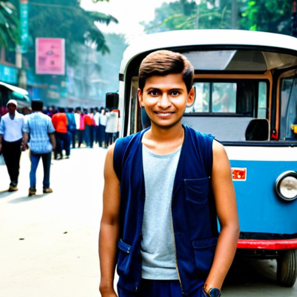 **Image Prompt:** A Russian student, fully clothed in appropriate attire for a casual day, standing in front of a bustling Dhaka street scene with rickshaws and CNGs. Safe for work, appropriate content, perfect anatomy, natural pose, professional photography, high quality, diverse crowd in background.