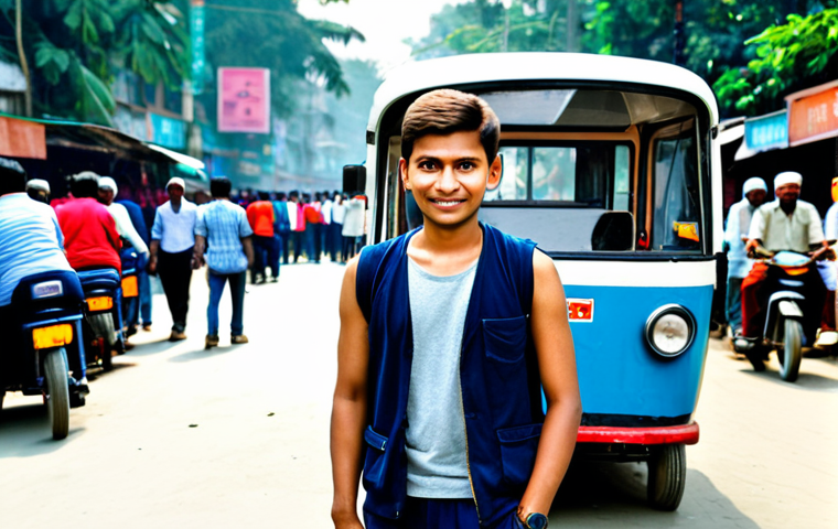 **Image Prompt:** A Russian student, fully clothed in appropriate attire for a casual day, standing in front of a bustling Dhaka street scene with rickshaws and CNGs. Safe for work, appropriate content, perfect anatomy, natural pose, professional photography, high quality, diverse crowd in background.