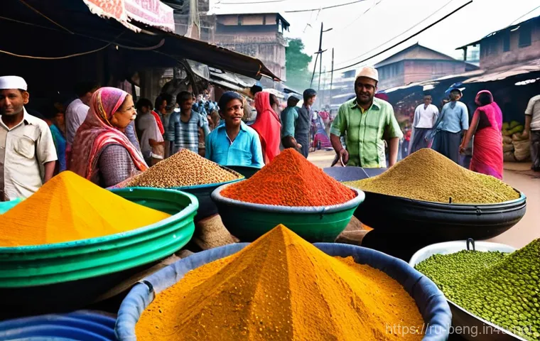 벵골어 방글라데시 음식 주문 - **Vibrant Bengali Market Scene:** A bustling, sun-drenched outdoor market in Bangladesh, teeming wit...