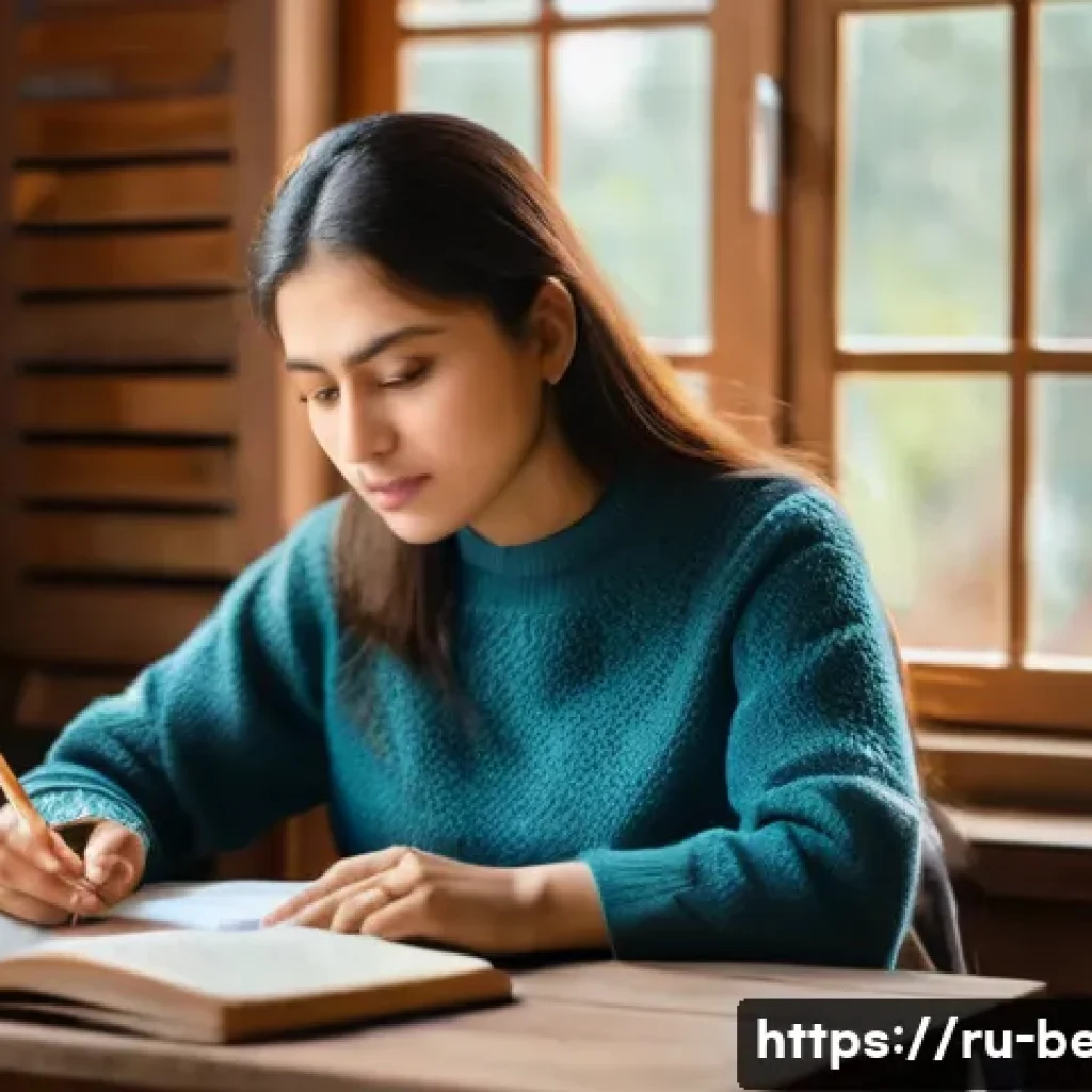 벵골어 학습법 - A cozy indoor scene of a Russian adult woman studying Bengali language at a wooden desk by a window,...