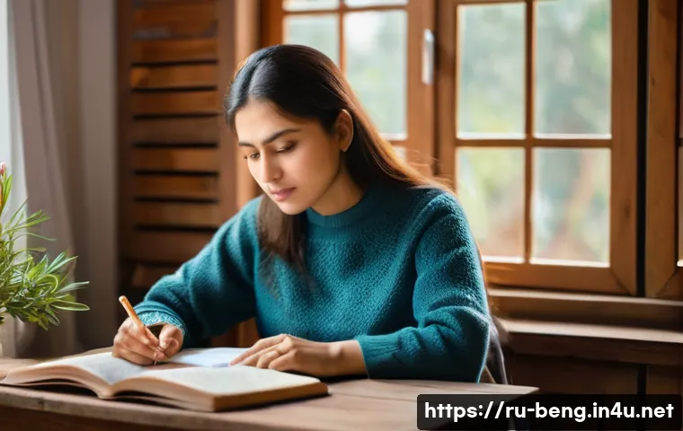 벵골어 학습법 - A cozy indoor scene of a Russian adult woman studying Bengali language at a wooden desk by a window,...