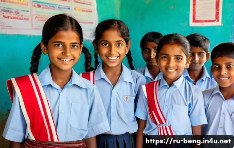 벵골어 언어 보호 운동 - A vibrant classroom scene in a rural Indian village where children aged around 10-12 are learning Be...