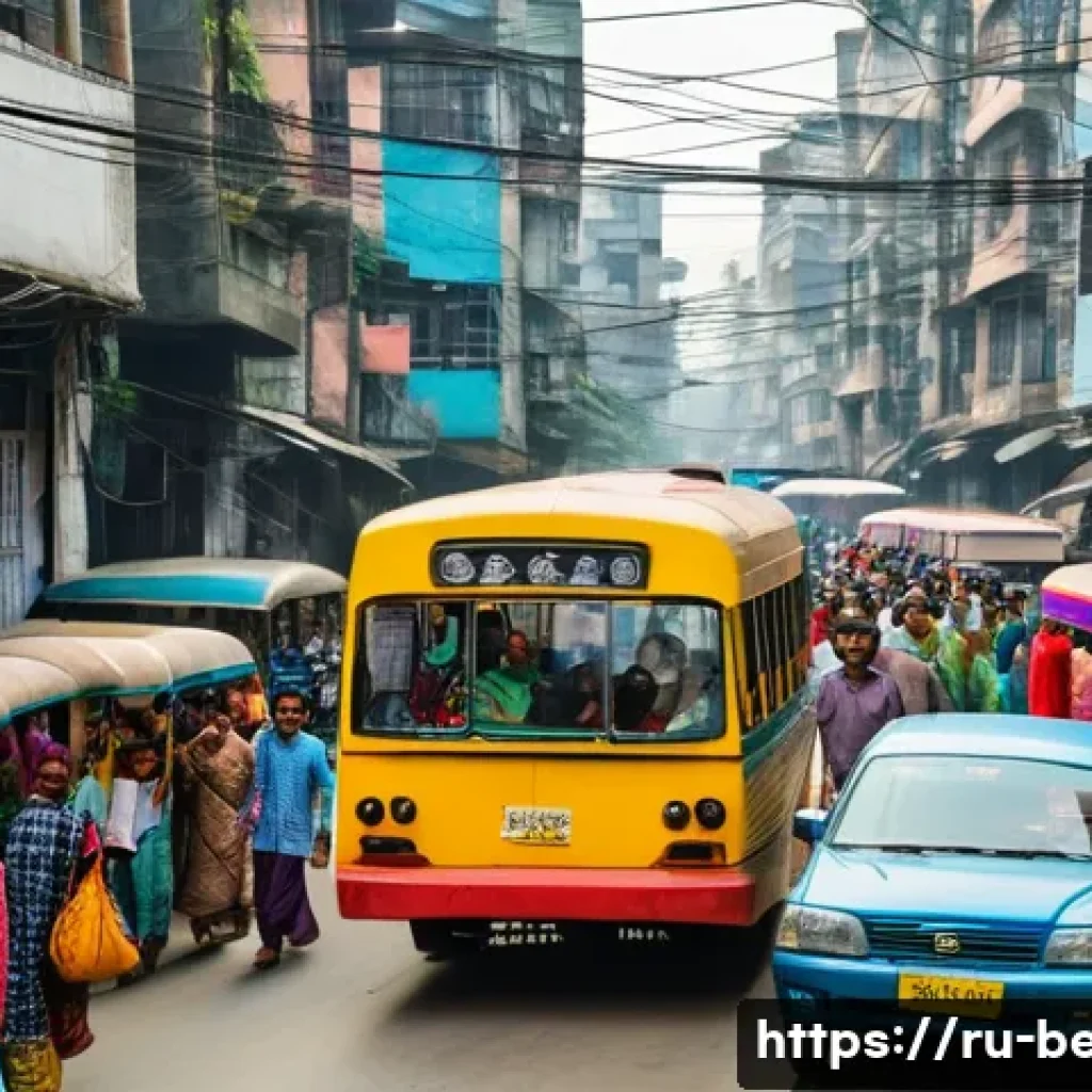 벵골어 대중교통 이용 - A bustling street scene in Dhaka, Bangladesh, showing a crowded public bus filled with diverse passe...