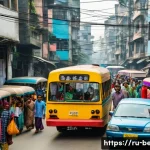 Home 21 벵골어 대중교통 이용 - A bustling street scene in Dhaka, Bangladesh, showing a crowded public bus filled with diverse passe...