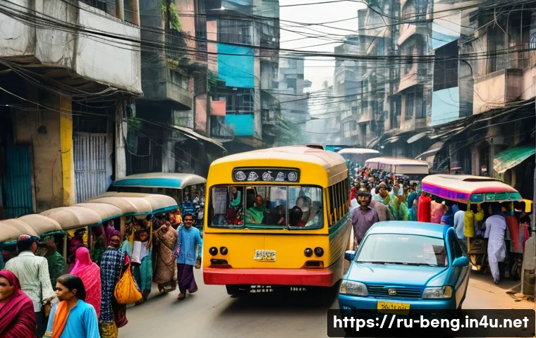 벵골어 대중교통 이용 - A bustling street scene in Dhaka, Bangladesh, showing a crowded public bus filled with diverse passe...