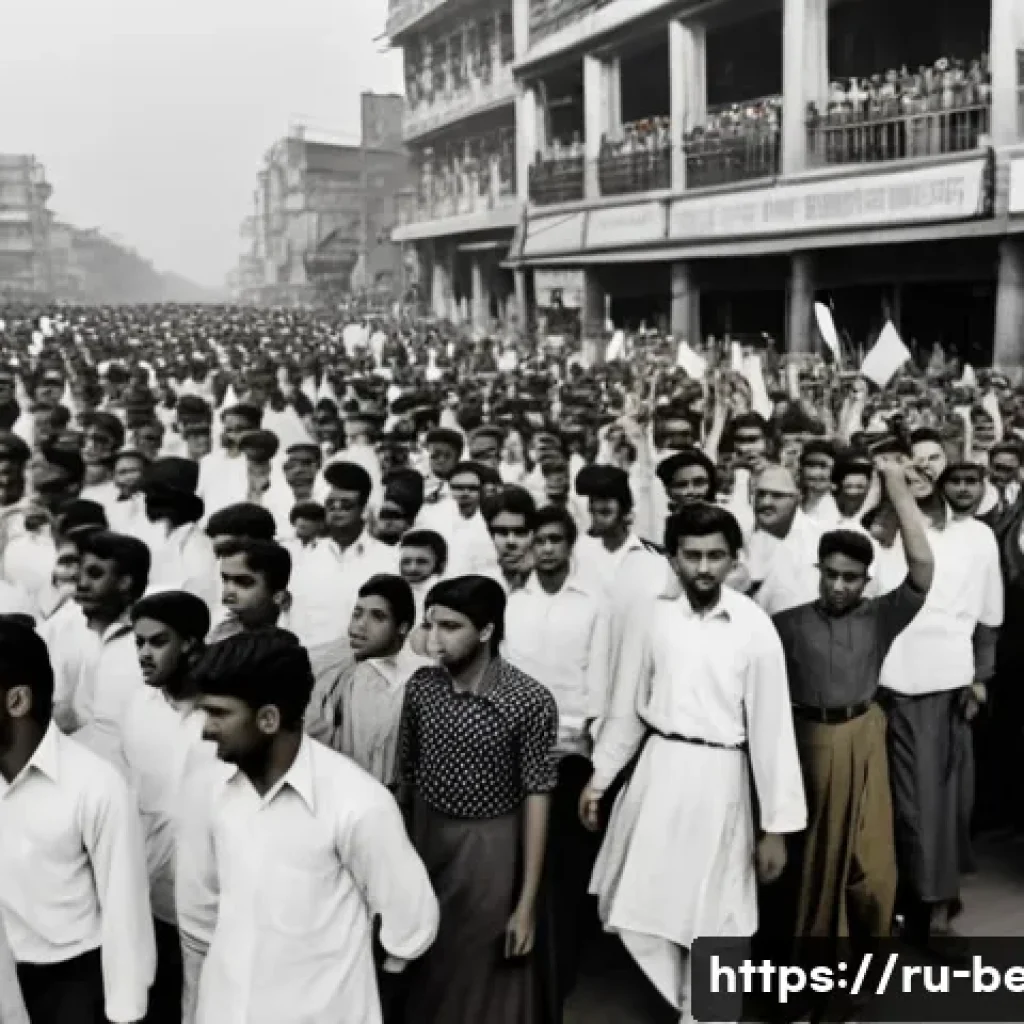 벵골어 방글라데시 공용어 - A vibrant street scene from 1952 East Pakistan featuring Bengali students and activists peacefully p...