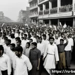 Home 20 벵골어 방글라데시 공용어 - A vibrant street scene from 1952 East Pakistan featuring Bengali students and activists peacefully p...