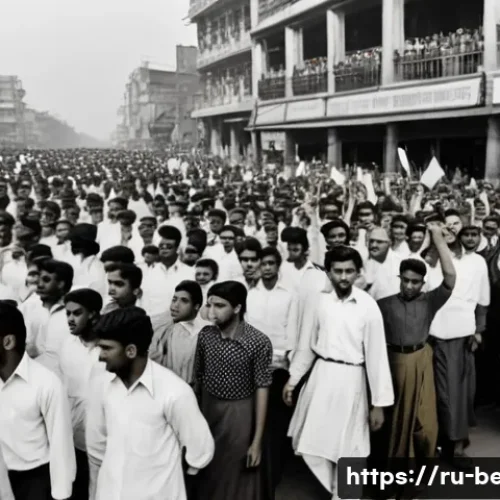 Home 32 벵골어 방글라데시 공용어 - A vibrant street scene from 1952 East Pakistan featuring Bengali students and activists peacefully p...