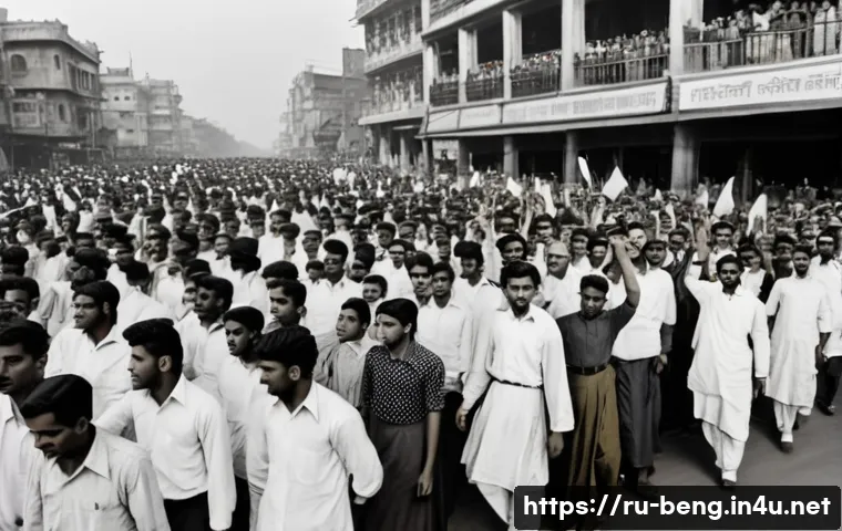 벵골어 방글라데시 공용어 - A vibrant street scene from 1952 East Pakistan featuring Bengali students and activists peacefully p...