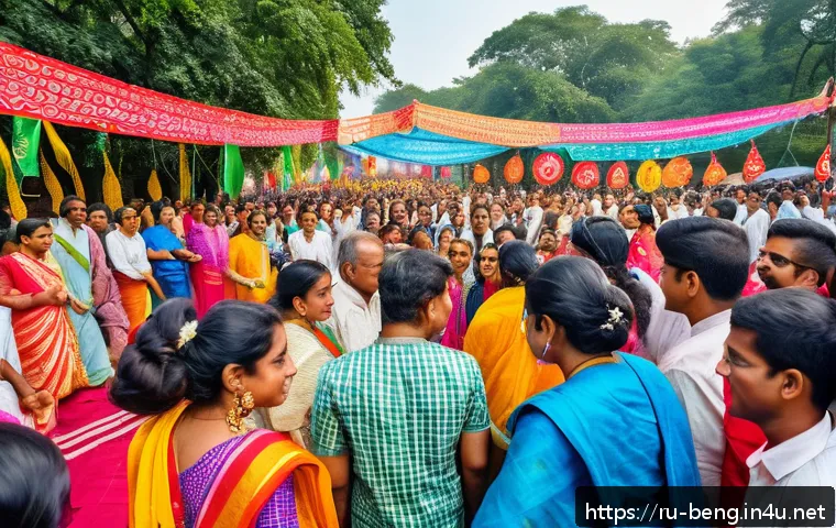 벵골어 원어민 친구 사귀기 - A lively cultural festival scene in Bengal featuring people of diverse ages dressed in traditional B...