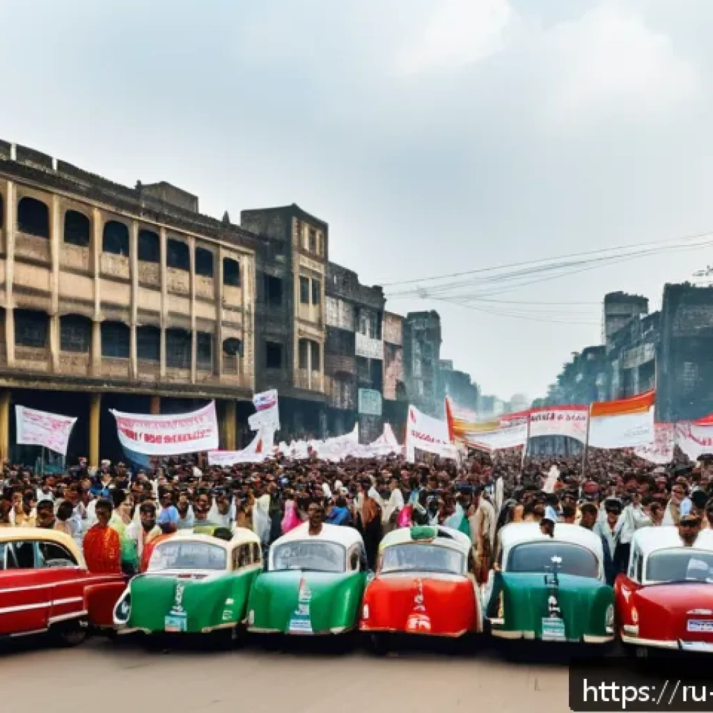 벵골어 1952년 언어 운동 - A vibrant street scene in 1950s Dhaka during the Bengali Language Movement protests, featuring diver...