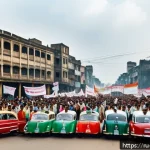 Home 18 벵골어 1952년 언어 운동 - A vibrant street scene in 1950s Dhaka during the Bengali Language Movement protests, featuring diver...