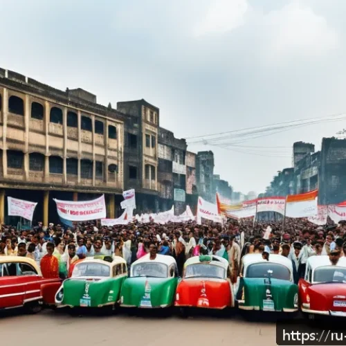 Home 30 벵골어 1952년 언어 운동 - A vibrant street scene in 1950s Dhaka during the Bengali Language Movement protests, featuring diver...