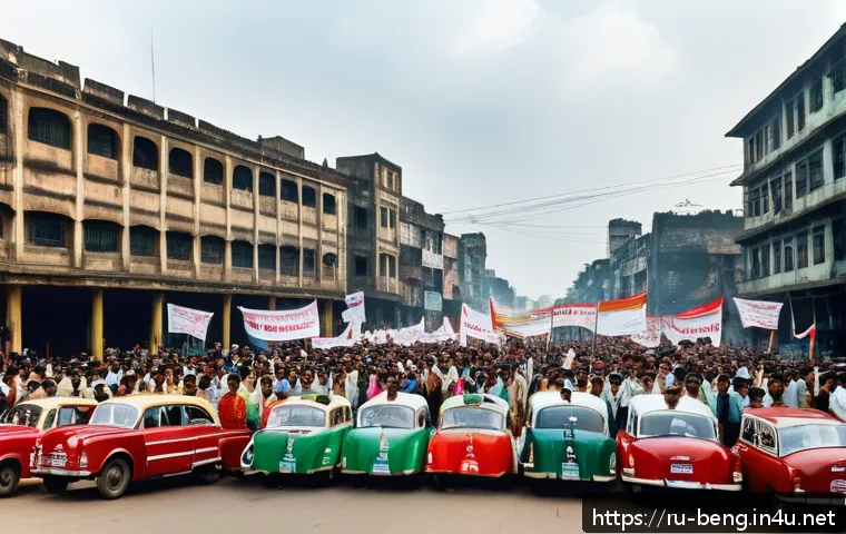 벵골어 1952년 언어 운동 - A vibrant street scene in 1950s Dhaka during the Bengali Language Movement protests, featuring diver...