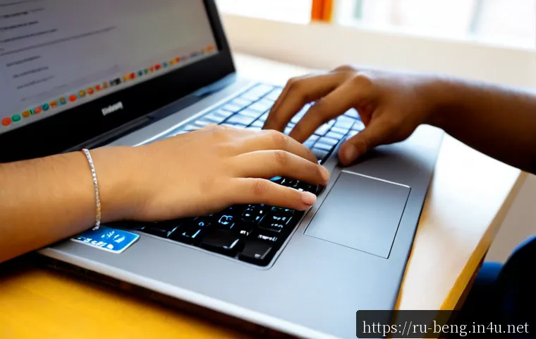 Home 17 벵골어 타자 연습 - Photorealistic close-up of a Russian-speaking adult practicing Bengali keyboard typing on a modern l...