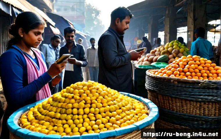 벵골어 인도 경제 - Photorealistic morning scene in a bustling Kolkata wholesale market, Bengali fruit and vegetable ven...