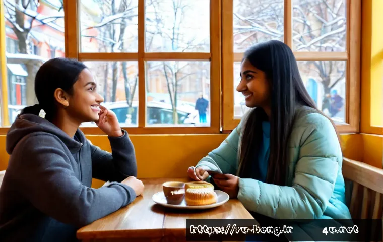 벵골어 언어 교환 - Photorealistic language exchange scene in a cozy Moscow café, a Russian-speaking young adult and a B...