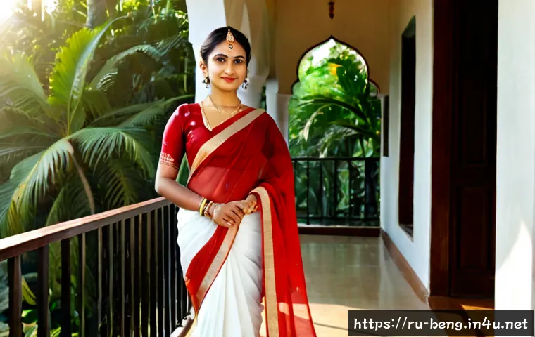 Home 17 벵골어 전통 의상 - Photorealistic full-length portrait of a Bengali woman wearing an elegant red and white traditional ...